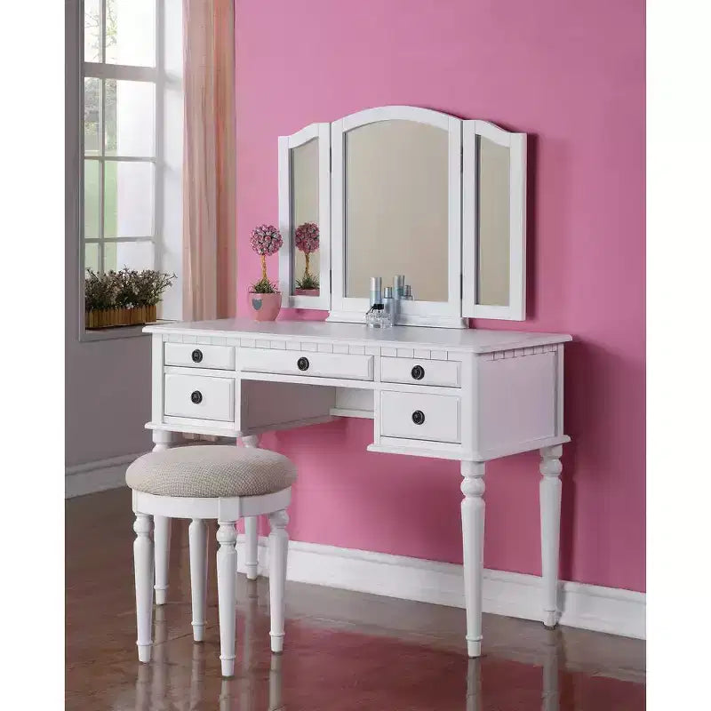 Poundex Coiffeuse en bois avec miroir et tabouret - Blanc