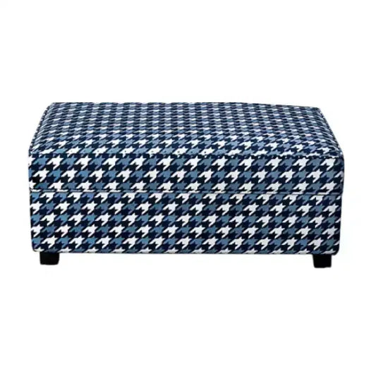 Pouf Royal Hampton, Polyester pied-de-poule gris, bleu et blanc, 101 cm rectangulaire