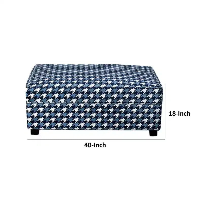 Pouf Royal Hampton, Polyester pied-de-poule gris, bleu et blanc, 101 cm rectangulaire