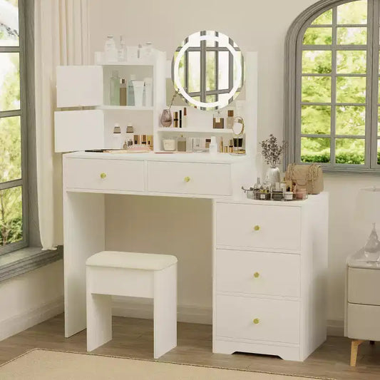 Coiffeuse ronde GDFStudio Carys avec miroir et lumières réglables, 1 chaise rembourrée et plusieurs compartiments de rangement