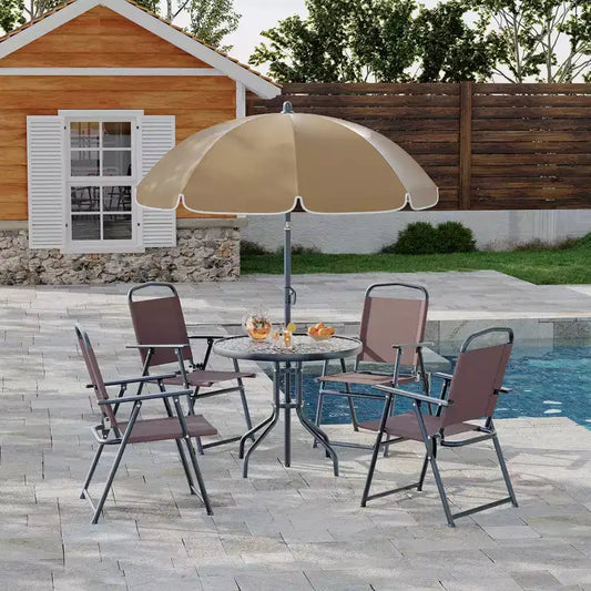 Ensemble repas d'extérieur, 4 chaises pliantes et un parasol, parfait pour les terrasses et jardins. Facile à monter et à ranger.