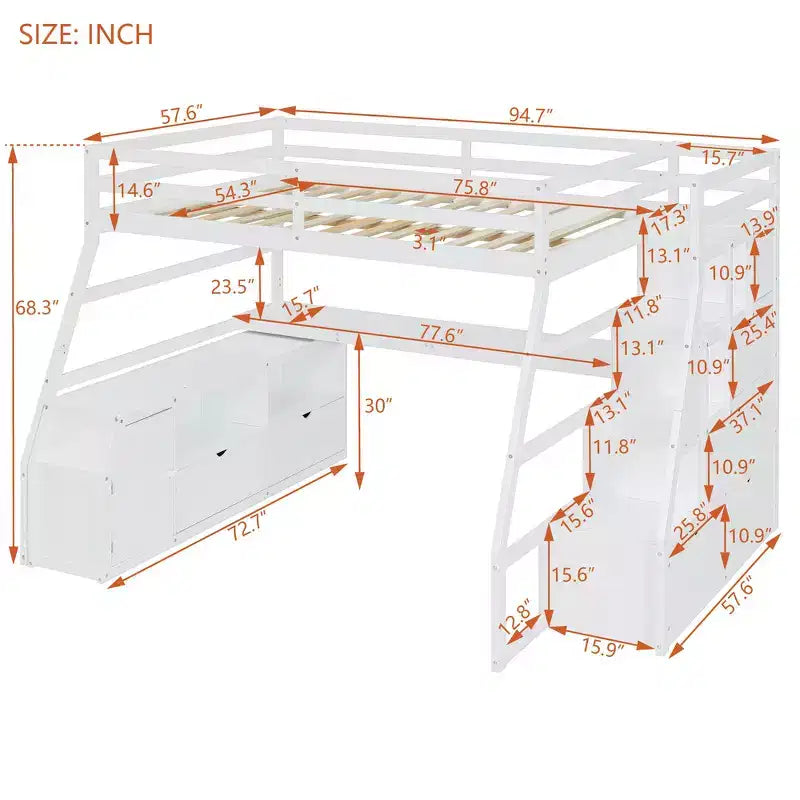 Lit mezzanine pleine taille Whisen avec 7 tiroirs, 2 étagères et bureau, construction solide