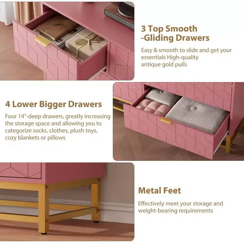 Commode GustoWave moderne rose à 7 tiroirs avec accents dorés, commode de chambre à coucher, salon, grand organisateur de rangement avec dispositif anti-basculement