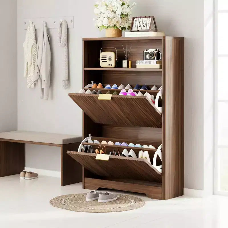 Meuble à chaussures moderne Homy Casa à 2 niveaux avec portes abattantes et étagère ouverte