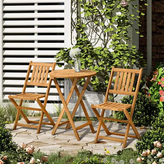 Ensemble de bistrot 3 pièces en bois d'acacia, mobilier de patio pliant avec 2 chaises pliantes et une table basse ronde, finition à lattes, pour jardin, balcon