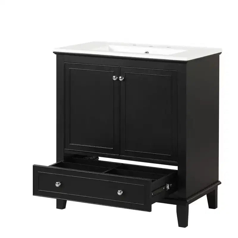 Meuble-lavabo MAYEERTY 30 po avec évier Portes d'armoire multifonctionnelles Tiroir Bois massif MDF Noir