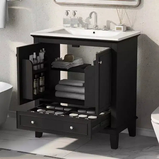 Meuble-lavabo MAYEERTY 30 po avec évier Portes d'armoire multifonctionnelles Tiroir Bois massif MDF Noir