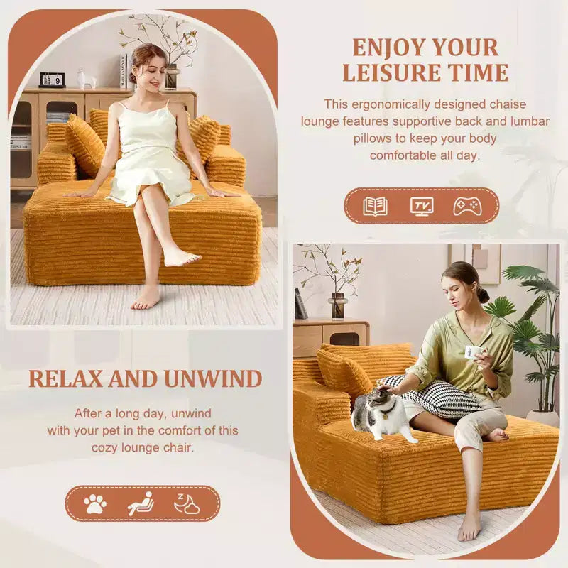 Efomao 66inx48in Chaise longue intérieure moderne, rembourrée en velours côtelé, siège profond, canapé-lit avec accoudoirs, aucun assemblage requis, orange