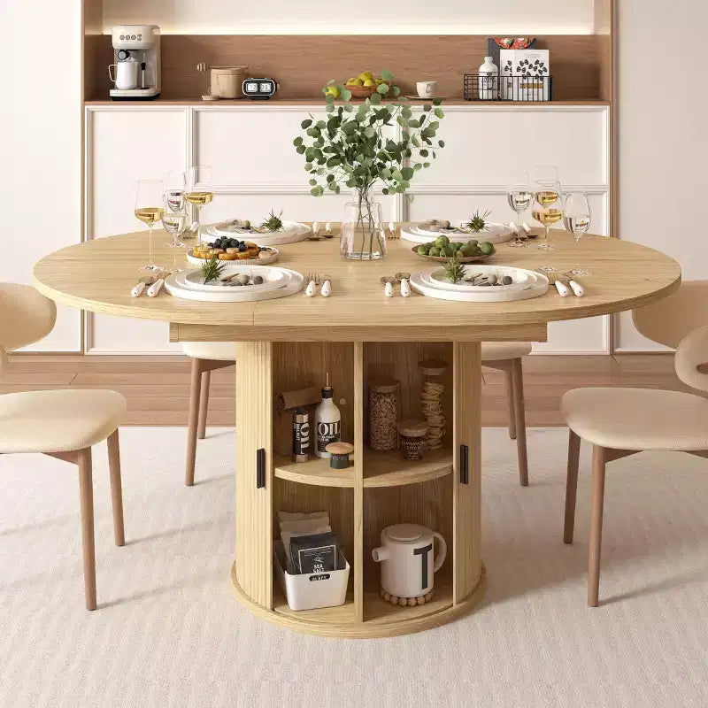 Table de salle à manger extensible Dyonery 43-59 pour 4 à 6 personnes, plateau en bois massif avec porte coulissante cannelée et 8 compartiments de rangement, pied central compact