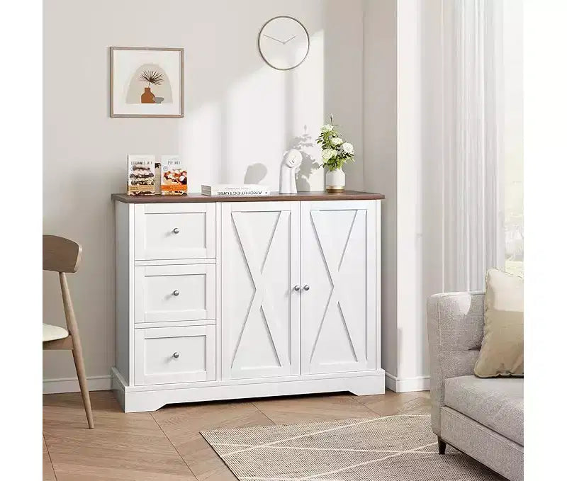 Meuble de rangement buffet avec rangement, armoire de cuisine 55, 3 tiroirs et 2 portes, meuble de bar à café avec plateau en bois d'hévéa