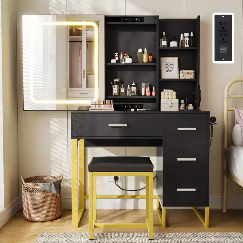 Coiffeuse avec miroir et lumières, prises de courant, table de maquillage en bois avec chaise rembourrée, support pour sèche-cheveux, 4 tiroirs et 5 étagères de rangement