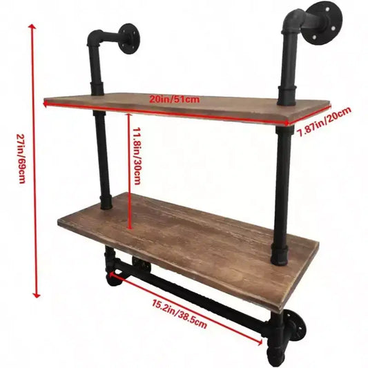 Étagère de Douche Murale Industrielle 2 Niveaux, 50,8 cm, en Bois Rustique avec Porte-Serviettes en Fer