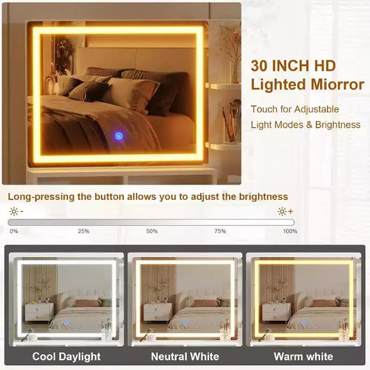 Coiffeuse moderne avec miroir LED et prises, table de maquillage à 5 tiroirs avec plateau en verre trempé et étagère de rangement pour chambre, blanc