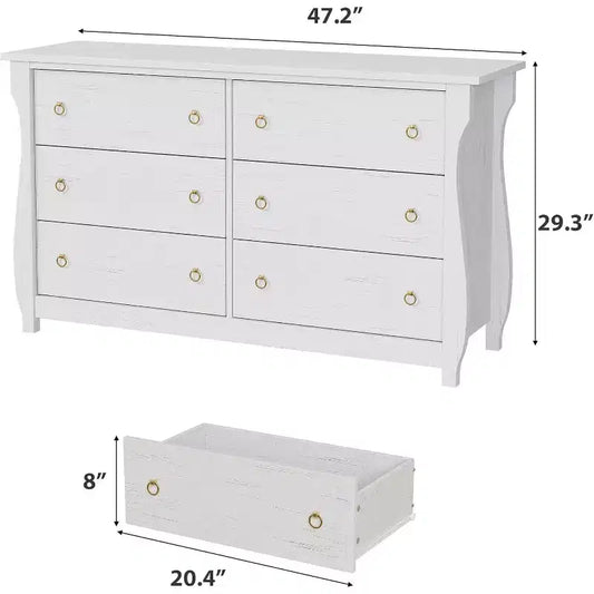 Commode blanche à 6 tiroirs de 120 cm, meuble de rangement autoportant pour chambre à coucher, salon et entrée, assemblage facile, design peu encombrant