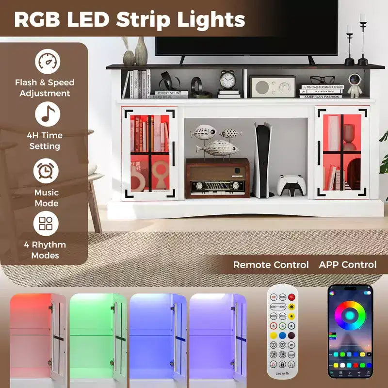 Meuble TV Costway avec lumières LED, télécommande, rangements et étagères réglables