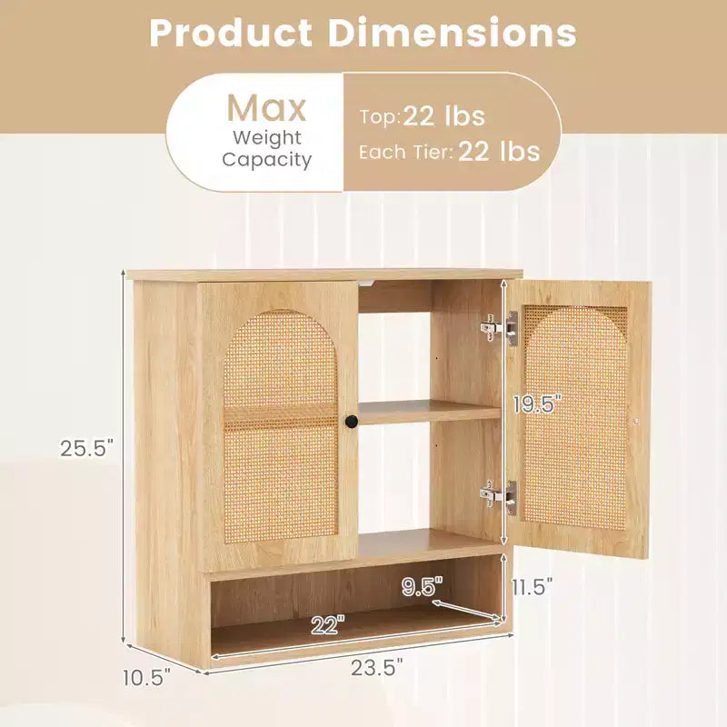 Meuble Haut de Salle de Bain Costway avec Étagères Réglables, Compartiment Ouvert et 2 Portes en Rotin PE, à Suspendre au-dessus des Toilettes, Meuble de Rangement Mural Naturel