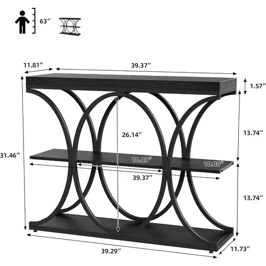 39 tables consoles étroites pour entrée, table de canapé industrielle à 3 niveaux avec base ronde en métal et étagères de rangement pour couloir, foyer