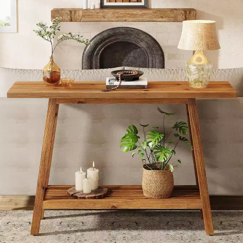 Table console à 2 niveaux en bois massif Lantine, Table d'entrée de 105 cm avec étagère de rangement, Table d'appoint étroite derrière le canapé pour couloir, foyer