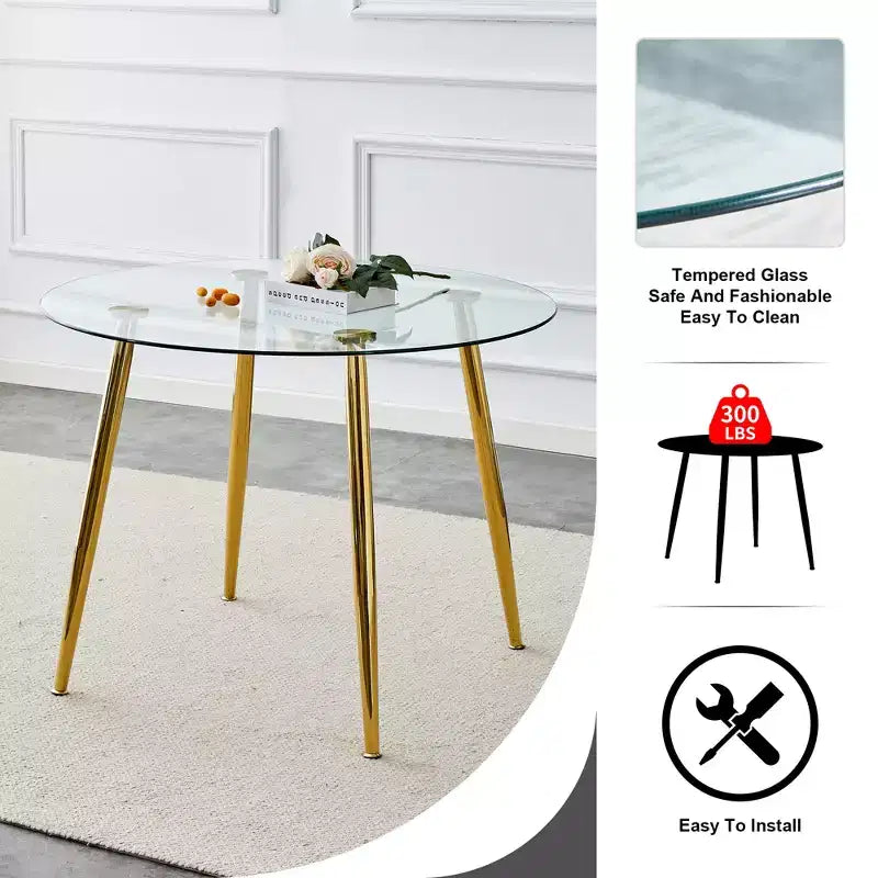 Table à manger ronde en verre, table de salle à manger circulaire moderne et minimaliste de 101,6 cm avec pieds en métal plaqué or pour cuisine salle à manger, doré