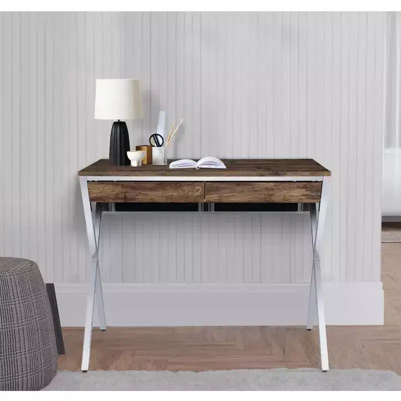 Bureau d'ordinateur moderne Royal Hampton de 91 cm, 2 tiroirs, base en X, bois, chêne, chrome