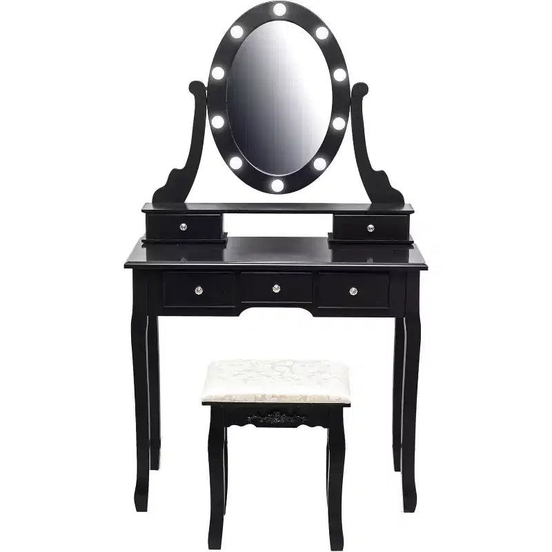 Coiffeuse Garvee avec 5 tiroirs, table de maquillage en bois avec miroir ovale et tabouret pour chambre à coucher