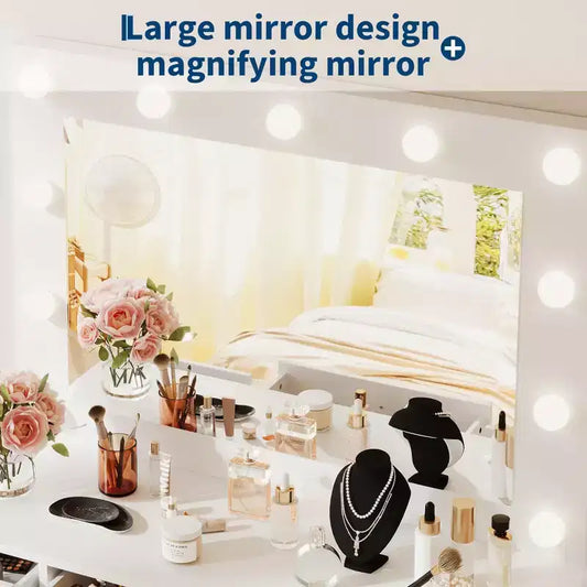 Coiffeuse avec miroir et lumières de 140 cm, grande commode en bois avec 7 tiroirs et armoire, coiffeuse moderne pour chambre à coucher