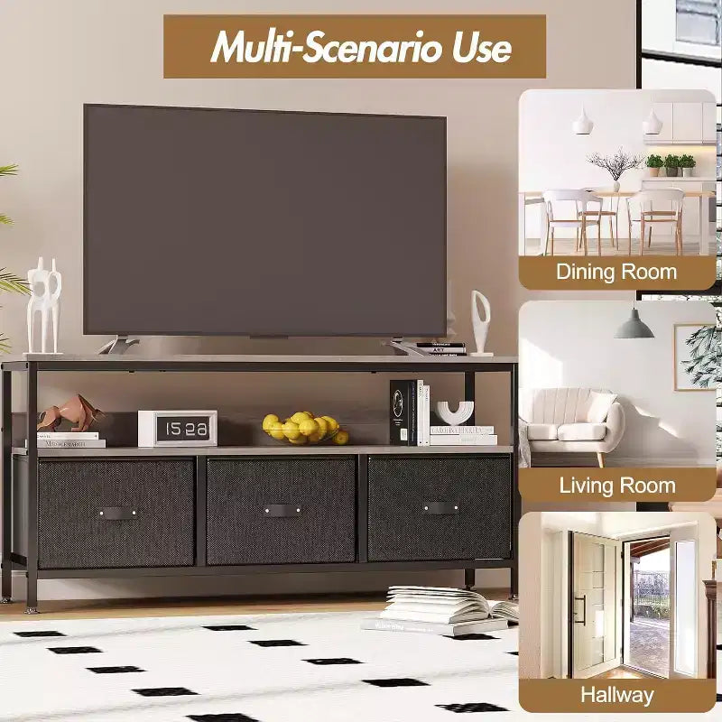 Meuble TV avec 3 tiroirs en tissu, meuble TV pour téléviseur de 55 pouces, meuble TV de rangement moderne pour salon, centre de divertissement avec espace ouvert pour salon
