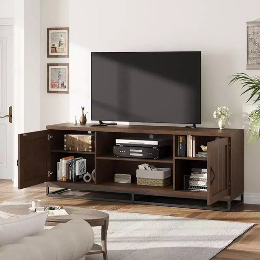 Meuble TV pour Salon, Meuble TV avec Étagères Réglables à 2 Niveaux et Pieds en Métal, Meuble Console TV en Bois pour 75 Pouces avec Compartiments
