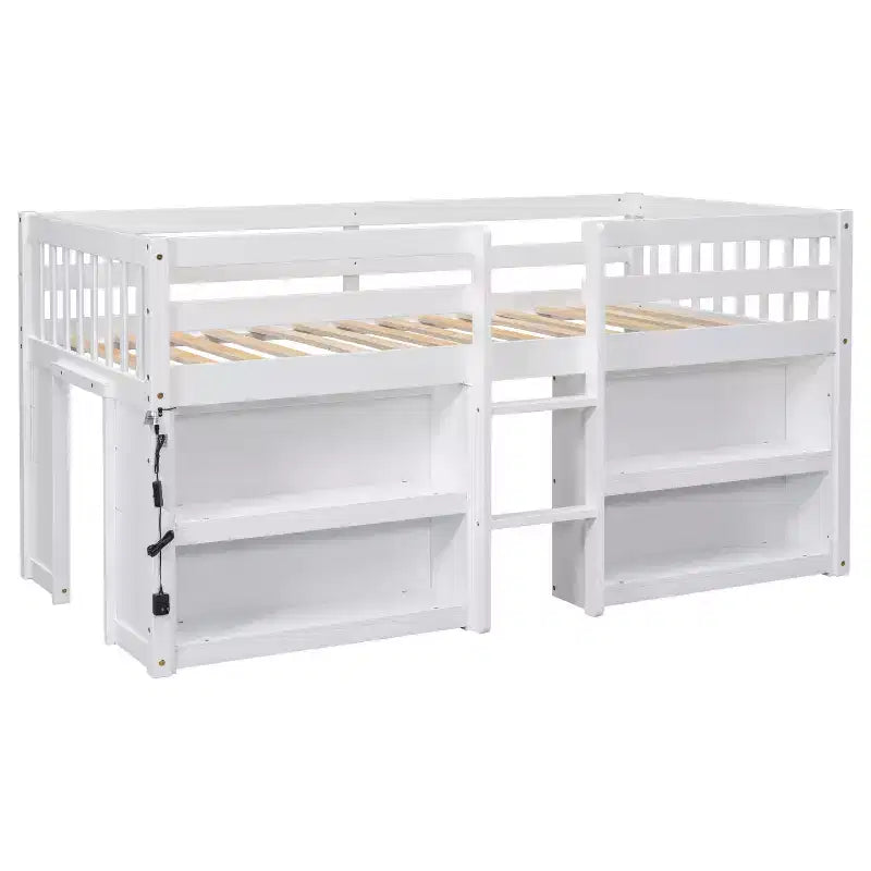 Lit mezzanine double plateforme, barrière de sécurité pleine longueur, support à lattes en bois, échelle intégrée, 2 étagères, bande lumineuse à LED ; taille unique pour salle de jeux