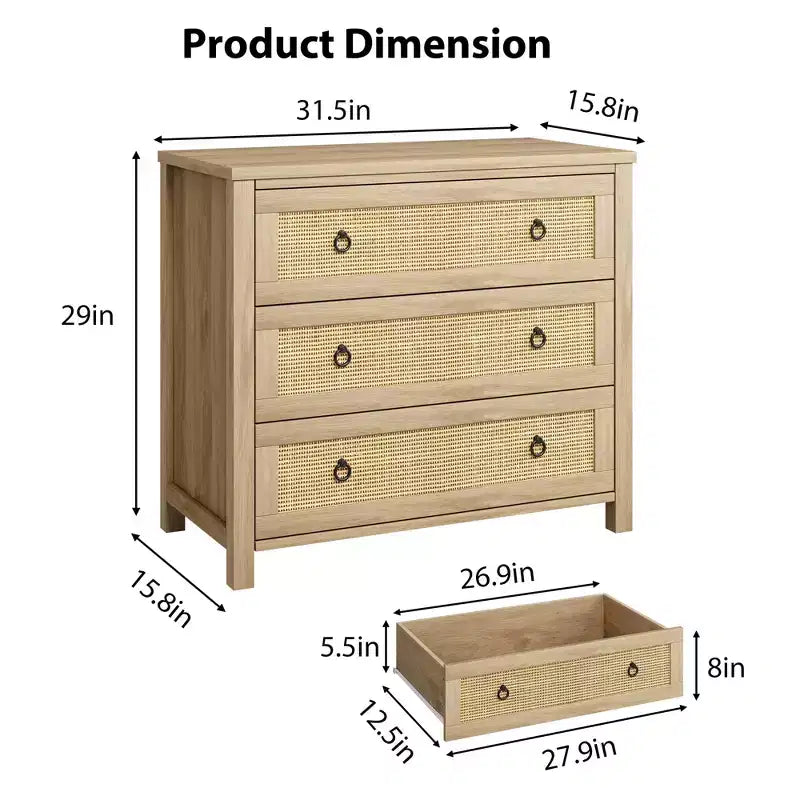 Commode en rotin, commode bohème, commode en bois avec armoire de rangement pour vêtements, organisateur de tiroirs pour chambre à coucher, salon, couloir, chêne naturel