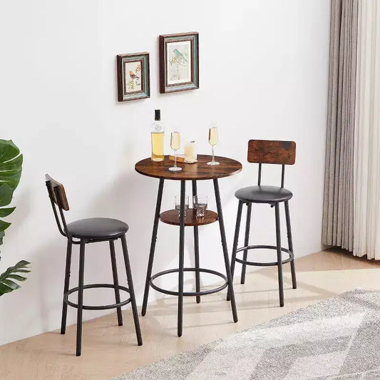 Ensemble de bar rond 3 pièces : 2 tabourets rembourrés avec dossier et 1 table de bar avec étagère, marron rustique, 60L x 60P x 90H, Taille unique