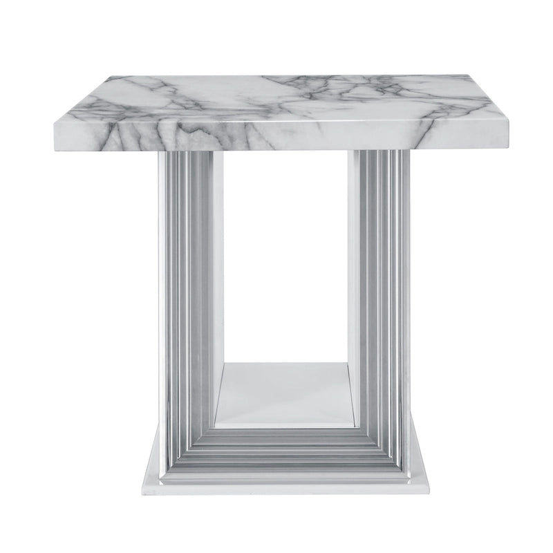 Table d'appoint sur pied 24" en faux marbre blanc et argenté et bois - 26' X '24.4' X '26
