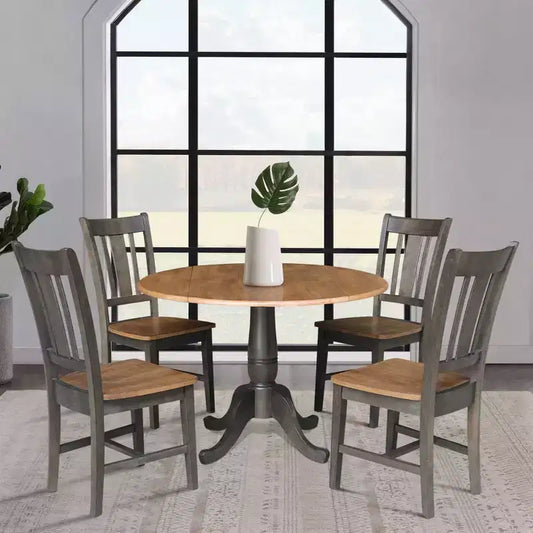 Table à manger ronde 5 pièces de 42 po à double rabat avec 4 chaises à dossier ajouré Noyer/Charbon délavé - International Concepts
