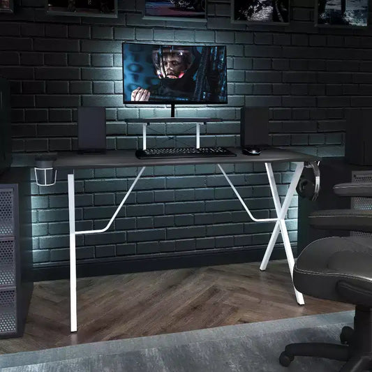 Bureau de gaming Emma et Oliver avec porte-gobelet, support pour casque et support pour écran/smartphone