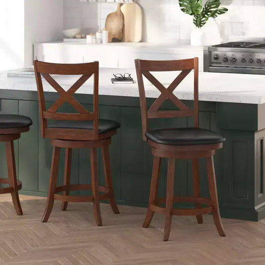 Tabouret de bar pivotant Merrick Lane 24, hauteur comptoir, en bois classique, avec dossier croisé, assise rembourrée et repose-pieds intégré