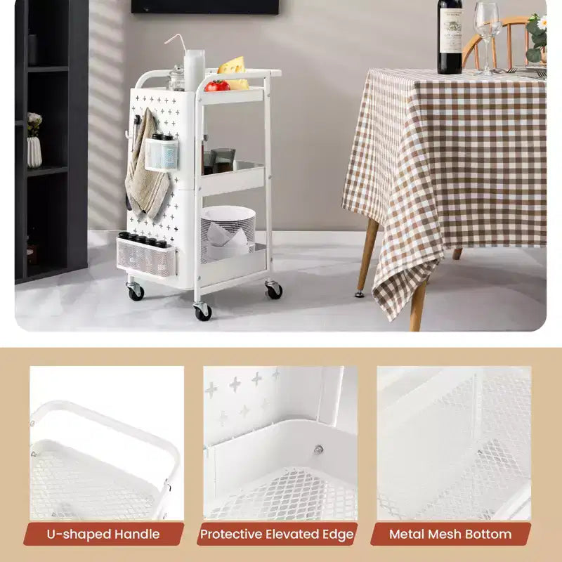 Costway Chariot de Rangement Roulant à 3 Niveaux avec Double Panneau Perforé DIY, Chariot de Service en Métal Mobile sur Roues pour Cuisine, Bureau