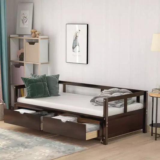 Lit de repos extensible en bois avec lit gigogne et deux tiroirs de rangement-ModernLuxe
