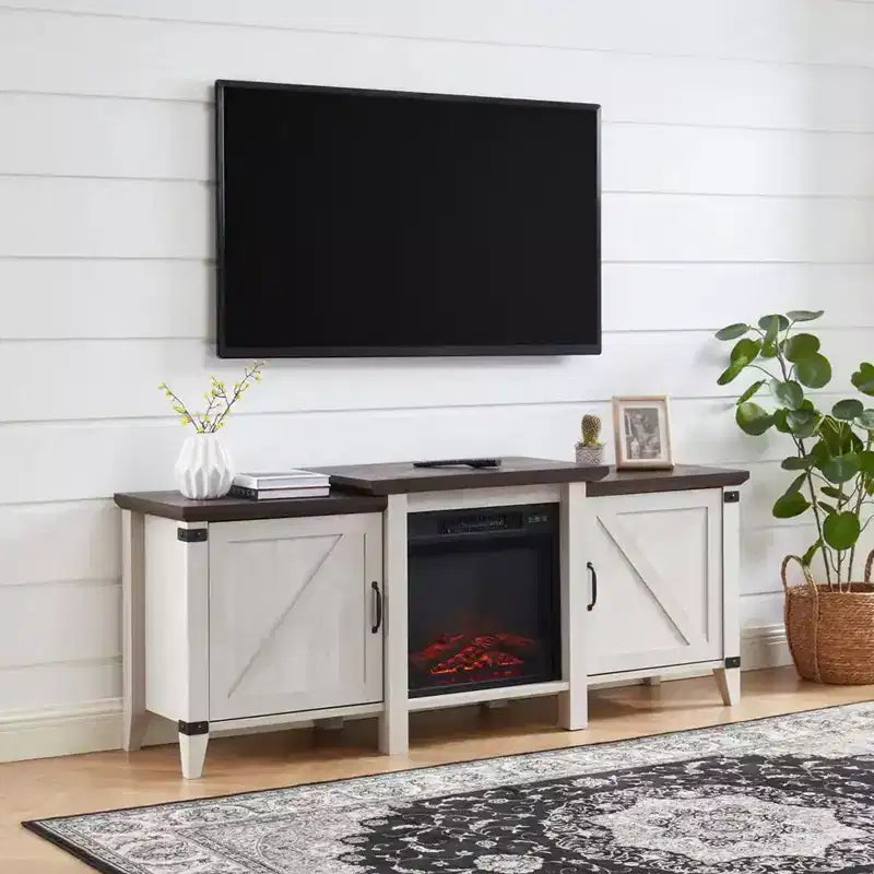 Meuble TV console Edyo Living 63 po autoportant en bois avec foyer électrique, gris