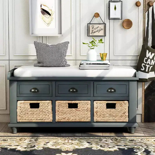Banc de rangement rustique avec 3 tiroirs et 3 paniers en rotin-ModernLuxe