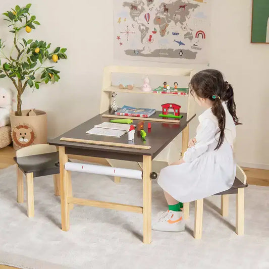 Costway Table et Chaises pour Enfants Bureau de Dessin en Bois avec Rouleau de Papier Étagère de Rangement Bacs