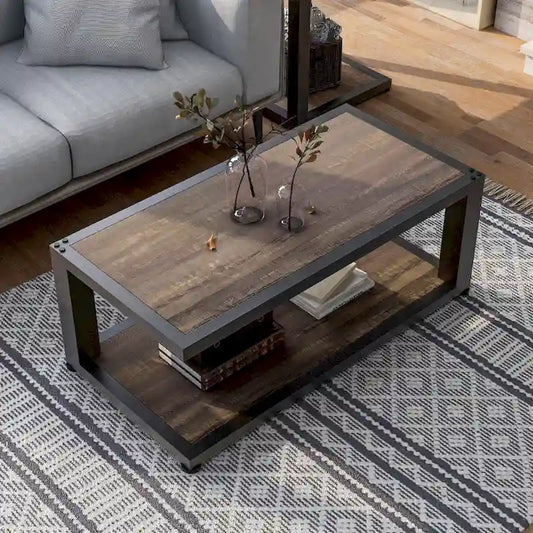 Table basse Farrow en noyer foncé et noir sable de 119 cm avec 1 étagère, par Furniture of America