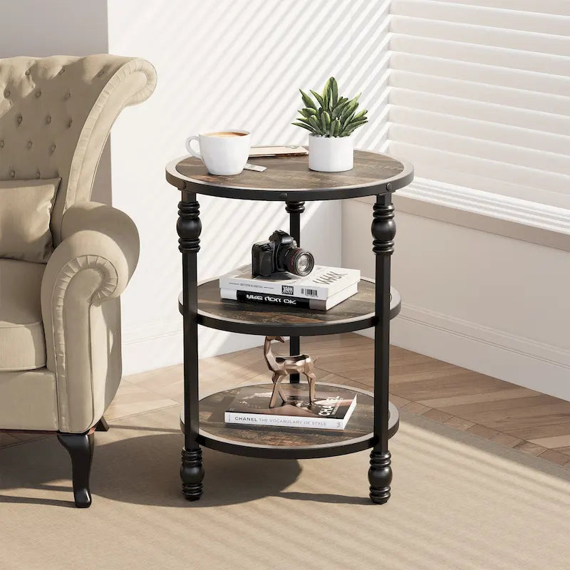 Table d'appoint ronde avec étagère de rangement et cadre métallique de style industriel