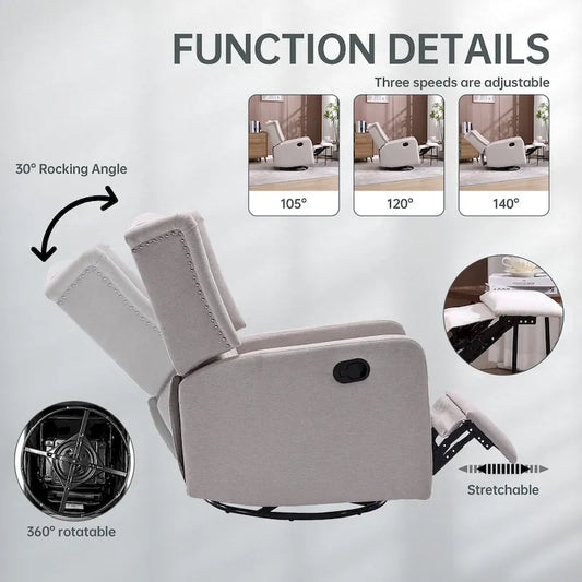 Fauteuil inclinable berçant pivotant à 360 degrés en tissu pour chambre à coucher, salon