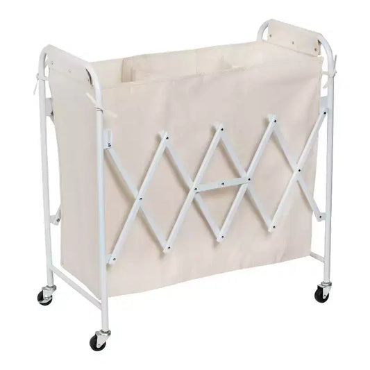Honey-Can-Do Accordion Triple Sorter: White Steel Rolling Laundry Hamper with Wheels, Collapsible, Open-Top Design