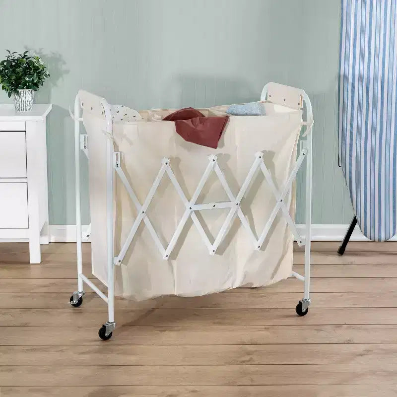 Honey-Can-Do Panier à linge triple accordéon : Panier à linge roulant en acier blanc avec roues, pliable, design ouvert
