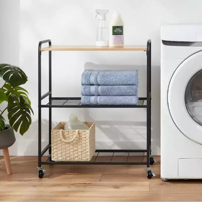 Chariot de rangement en métal noir avec bois naturel - Brightroom™