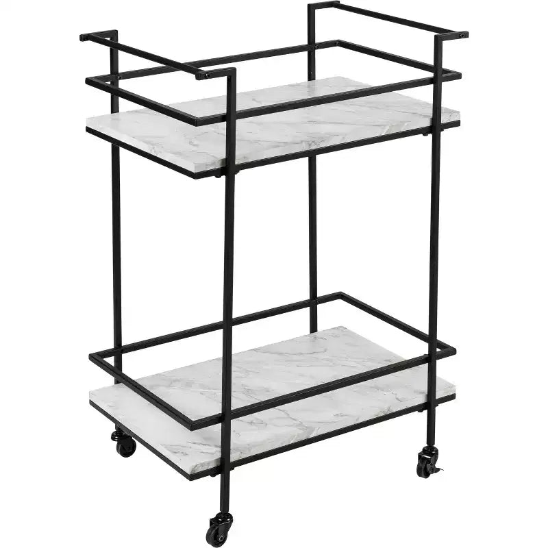 Honey-Can-Do 2 Tier Bar Cart Faux Marble: Indoor Rolling Drink Cart with Steel Frame, Black, 2 Fixed Shelves