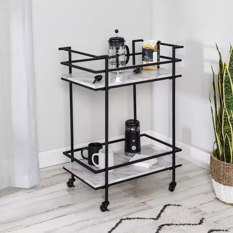 Honey-Can-Do Chariot de bar à 2 niveaux en faux marbre : Chariot de service roulant d'intérieur avec structure en acier, Noir, 2 étagères fixes