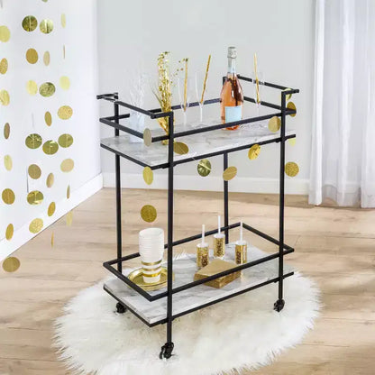 Honey-Can-Do Chariot de bar à 2 niveaux en faux marbre : Chariot de service roulant d'intérieur avec structure en acier, Noir, 2 étagères fixes