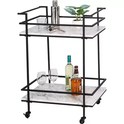 Honey-Can-Do Chariot de bar à 2 niveaux en faux marbre : Chariot de service roulant d'intérieur avec structure en acier, Noir, 2 étagères fixes